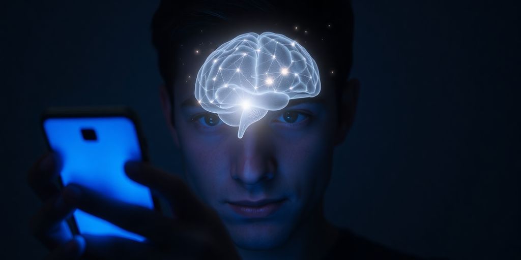 Person holding phone, glowing brain.