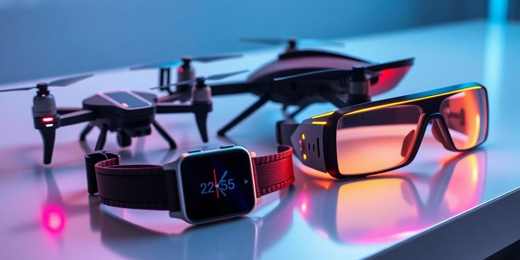 Futuristic gadgets including smartwatches and drones on display.