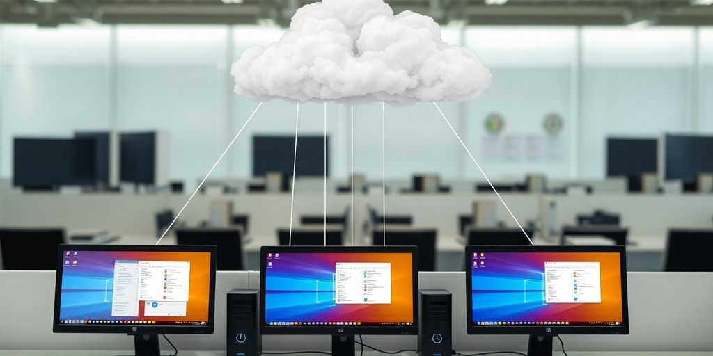Clouds connected to multiple desktop computers.