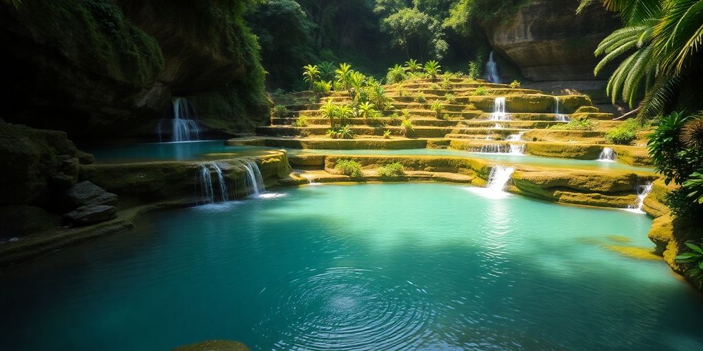 Green terraced pools cascade through lush jungle.