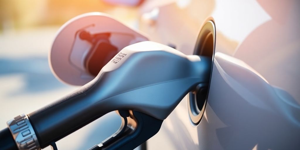 Fuel pump filling a car's gas tank in sunlight.
