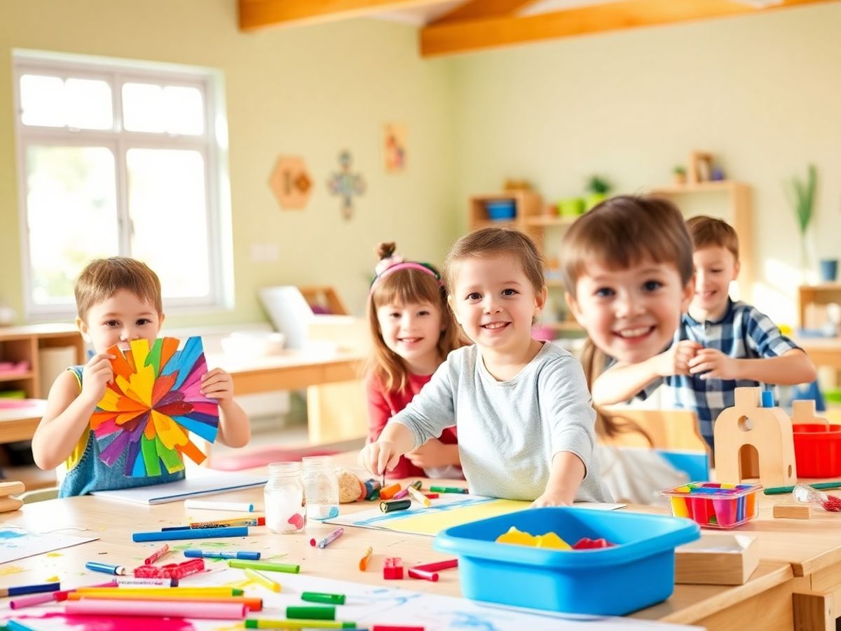 Copii fericiți la atelier de creație, pictând și modelând.