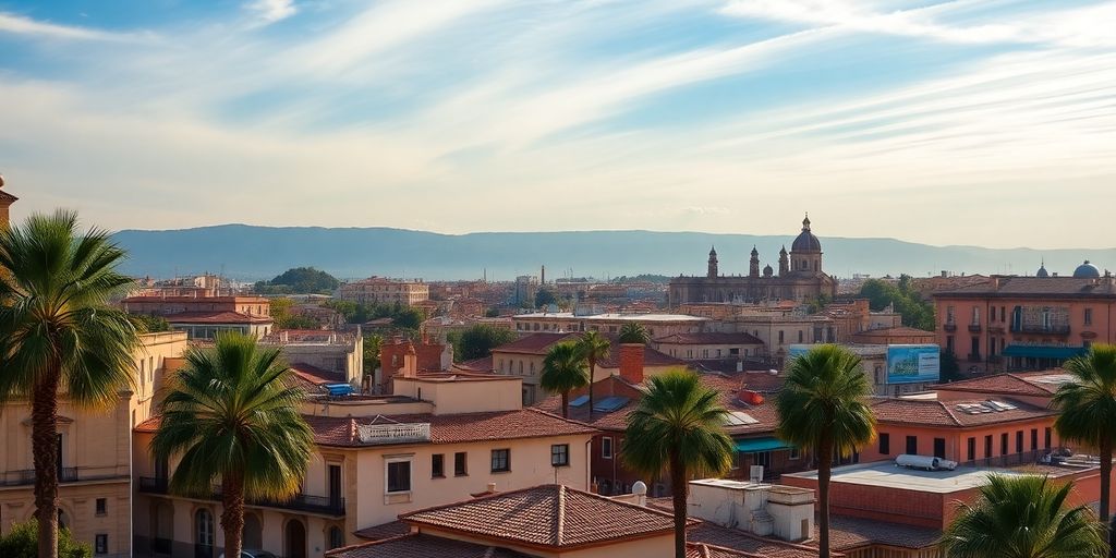 Spanish cityscape with architecture and palm trees.