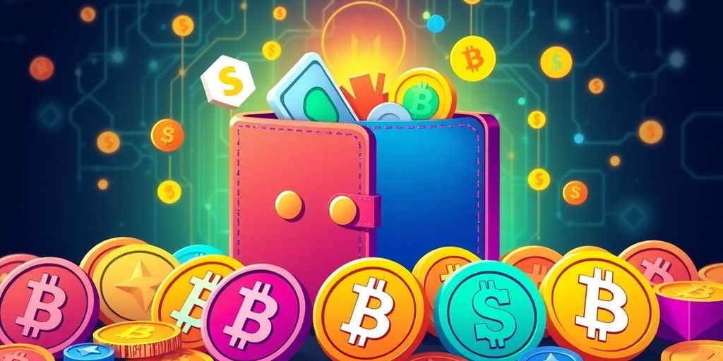 Illustrative digital wallet with cryptocurrencies around it.