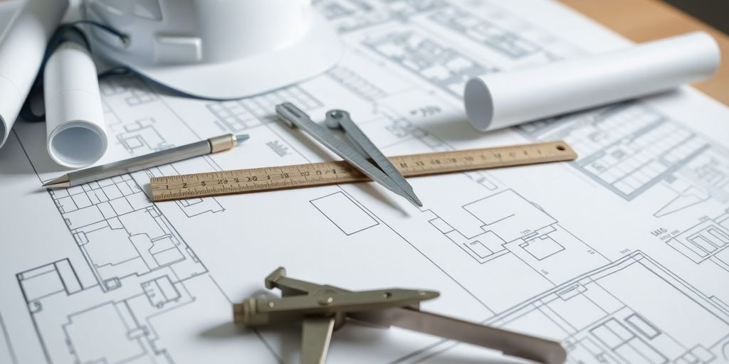 Architectural blueprints, tools, and a hard hat.
