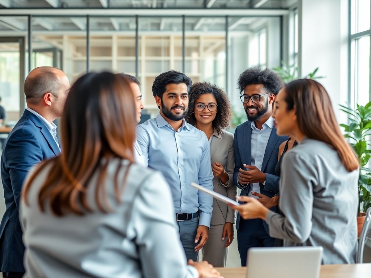 Grup divers de profesioniști discutând într-un birou modern.