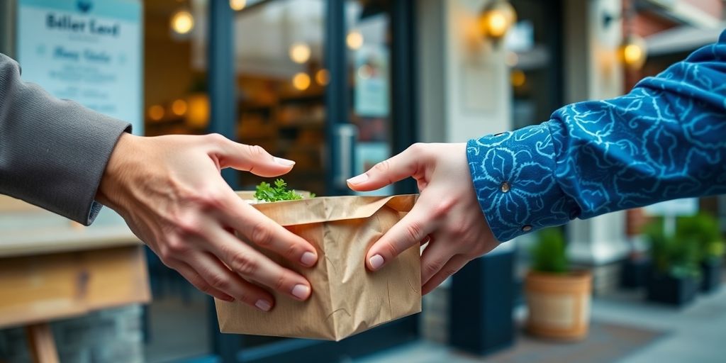 Croydon restaurant staff handing over takeaway containers.