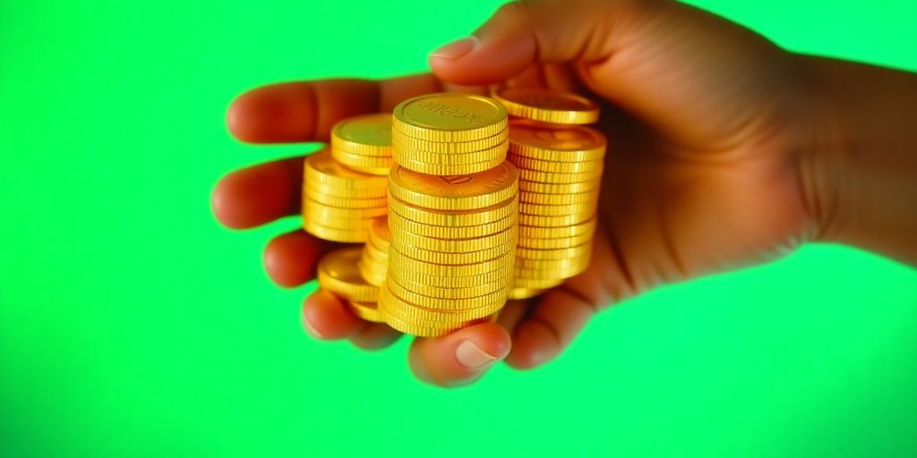 A close-up of a hand holding a stack of shiny Robux coins.