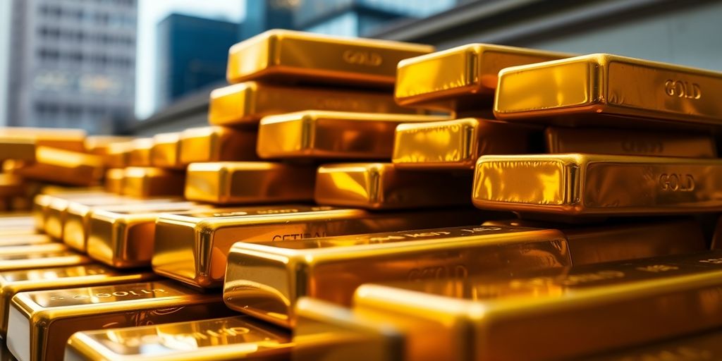 Barres d'or empilées avec un fond flou.
