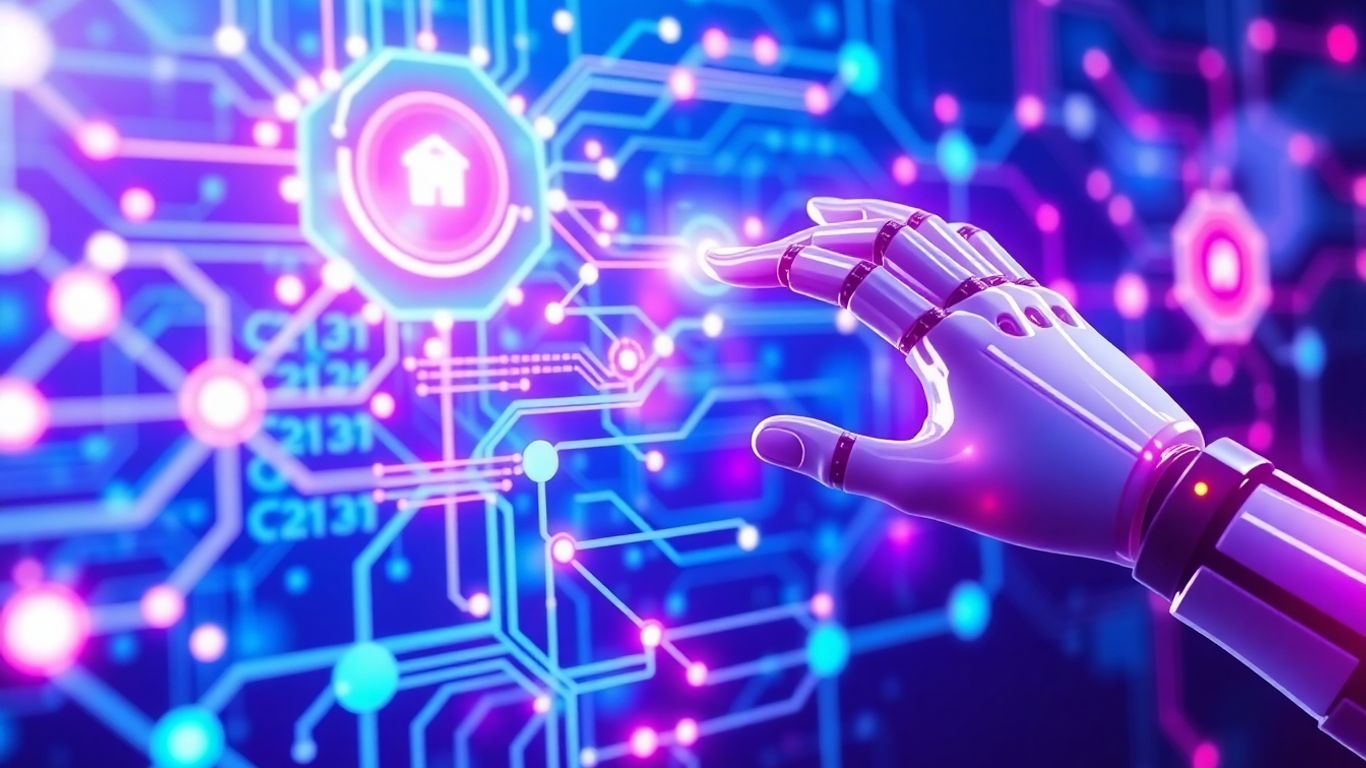 AI automating software testing with glowing circuits and robotic hands.