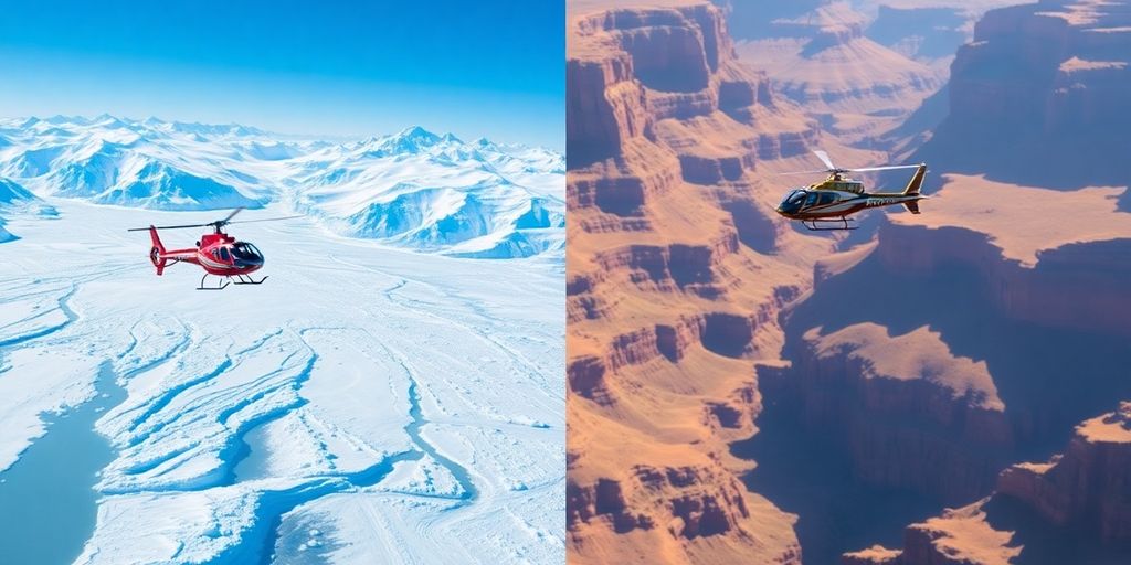 Split image: helicopter over Alaskan glacier, helicopter over Grand Canyon.