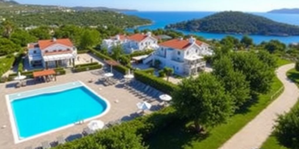 Afandou Bay Resort Suites mit Pool und Meerblick.