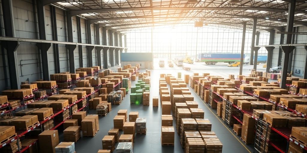 Modern warehouse with organized pallets near highways.