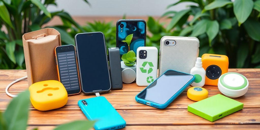 Eco-friendly gadgets displayed on a wooden table outdoors.