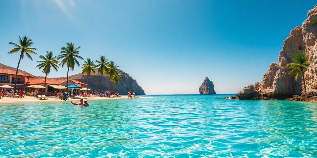 Tropical beach in Cabo with palm trees and clear water.