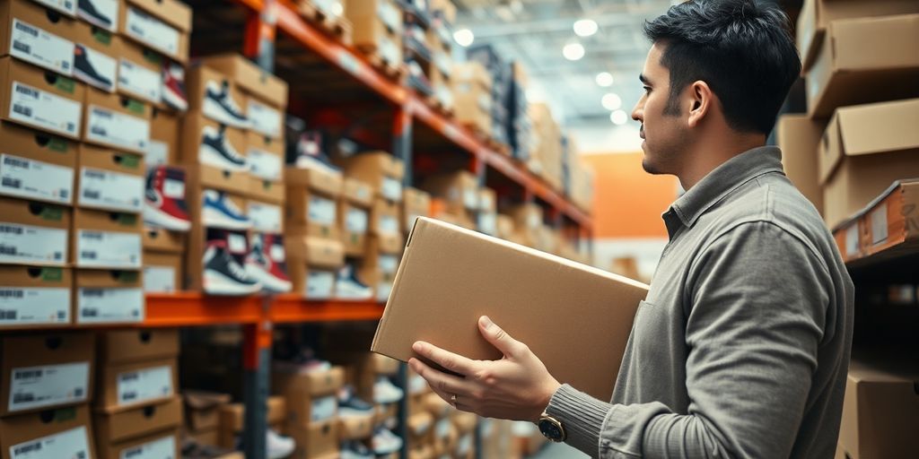 Warehouse worker scans shoe boxes on wooden shelves under lighting