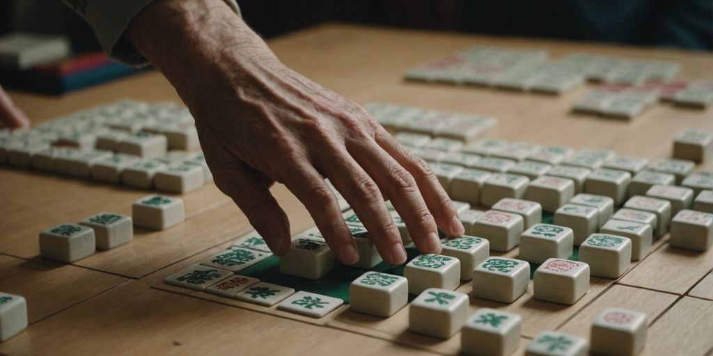 Player drawing a Mahjong tile from the wall during a traditional game, showcasing skill and concentration.
