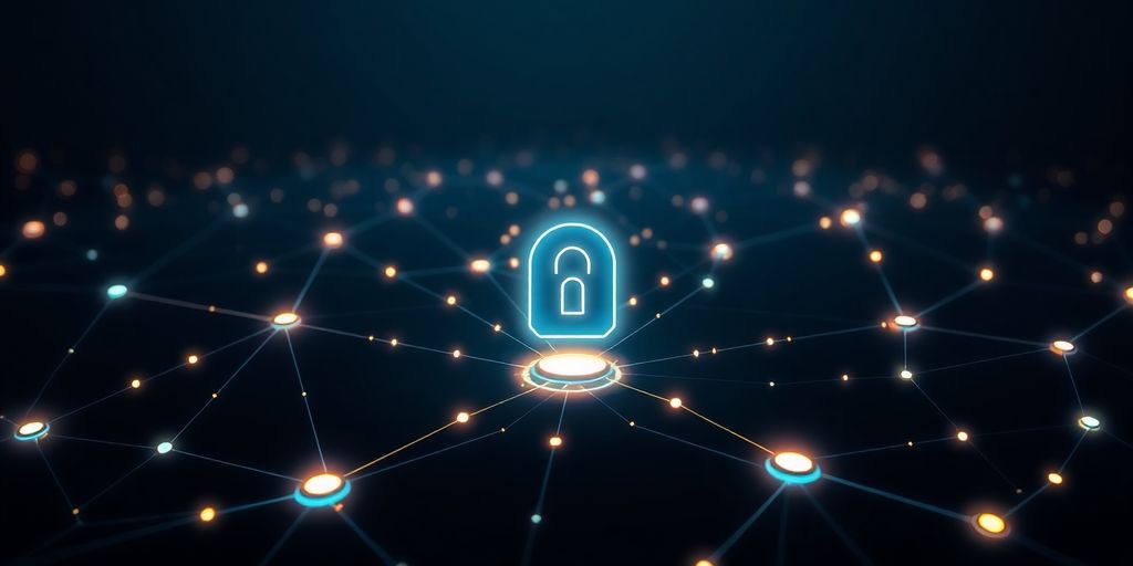 Digital landscape of a secure network with glowing nodes.