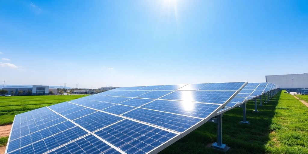 Industrial solar panels in a clear blue sky.