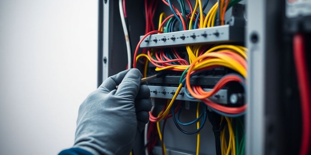 Modern electrical panel with colorful wires and a hand.