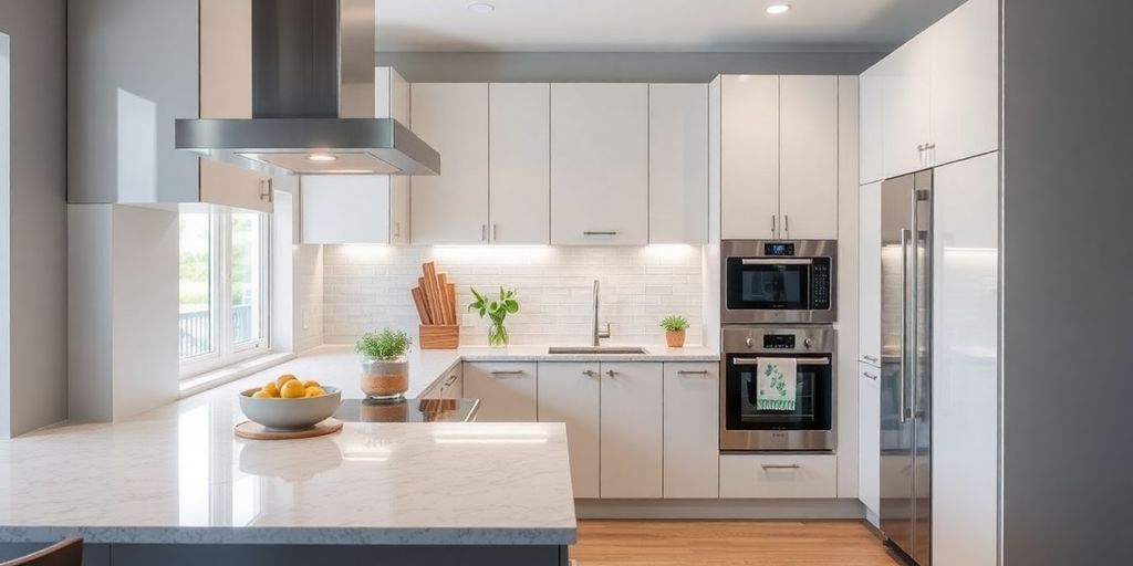 Moderne keuken met stijlvolle kasten en apparatuur.