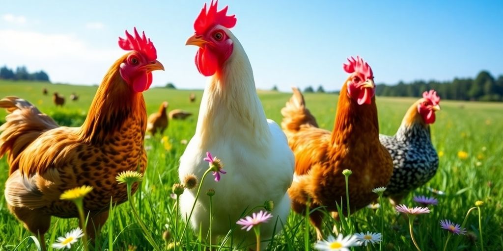 Chickens foraging in a green pasture under a blue sky.
