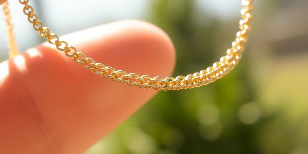 Une main tenant un collier en or scintillant.