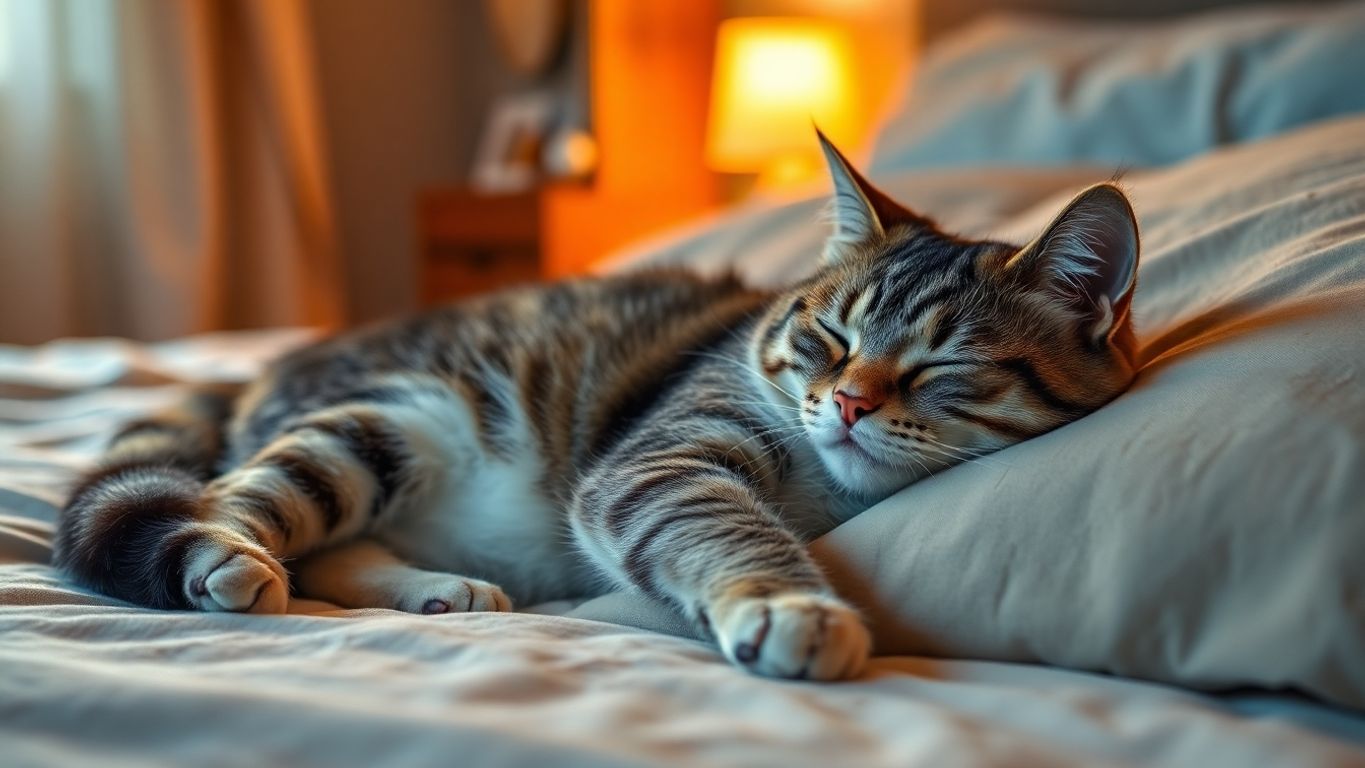 Gato dormindo tranquilamente em uma cama macia.