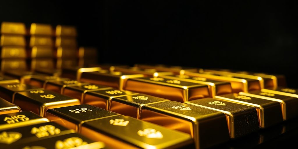 Lingots d'or brillants sur un fond sombre.
