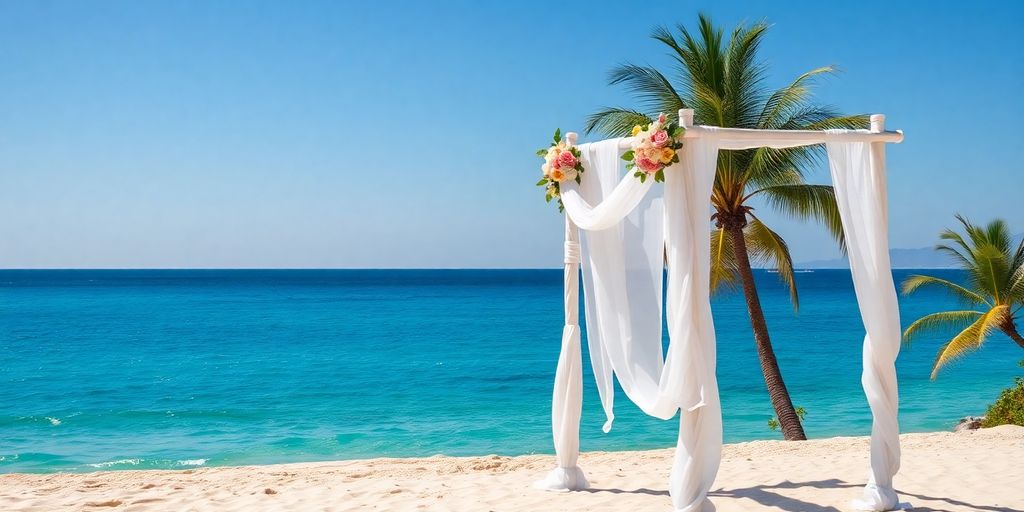 Beach wedding ceremony with ocean, palm trees.