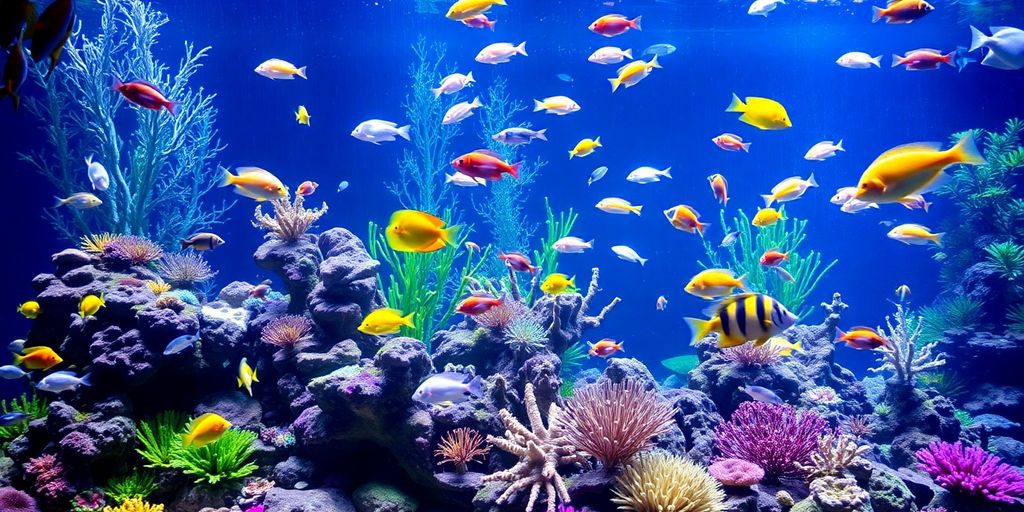 Makukulay na marine aquarium na may isda at coral reefs.