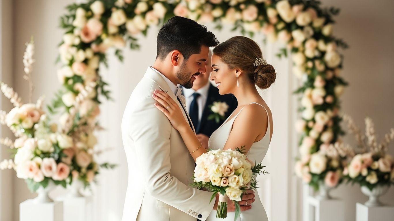 Couple embracing at a stylish Dallas micro wedding.