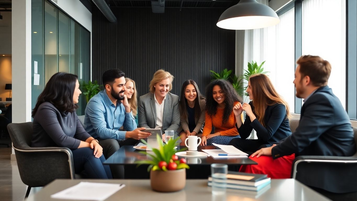 Diverse people collaborating in a modern workspace.