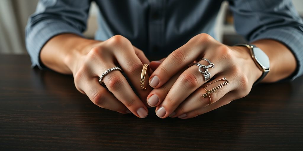 Male hands arranging bracelets and rings.