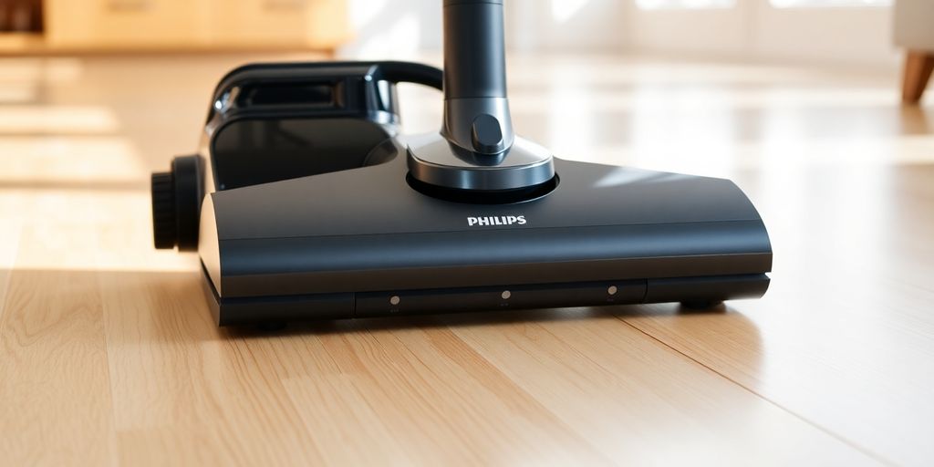 Philips PowerPro Compact Staubsauger auf Holzfußboden.