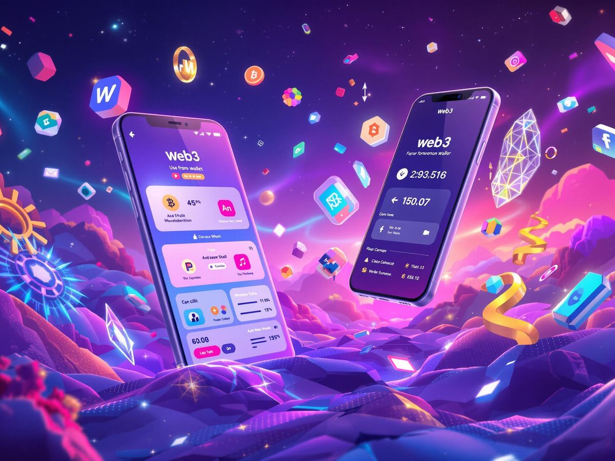 Futuristic Web3 wallet with digital assets in vibrant colors.