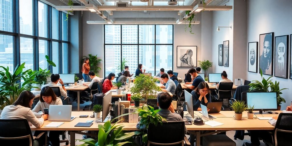 Modern coworking space in Shenzhen with busy professionals.