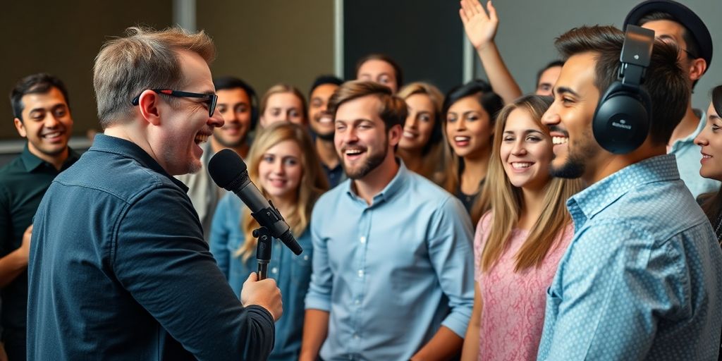 Podcast host gesturing towards a growing audience.