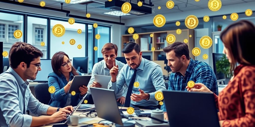UK crypto professionals collaborating in a modern office.