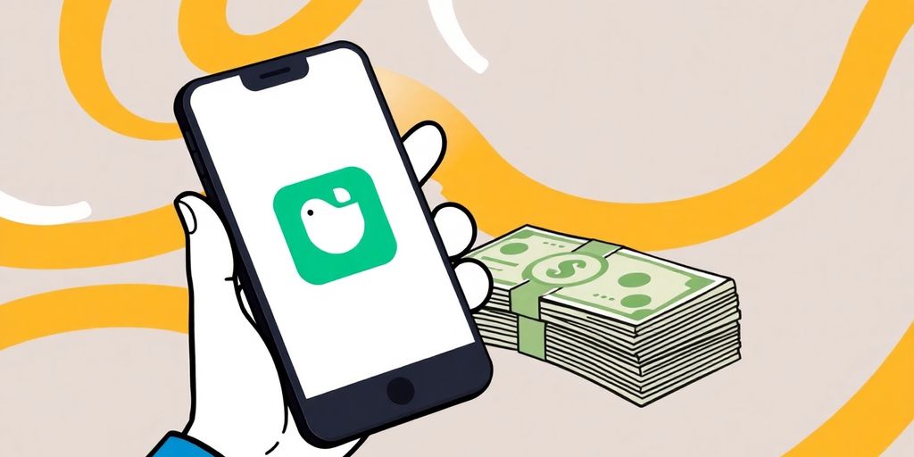 Cartoon hand holding phone with Chime app.