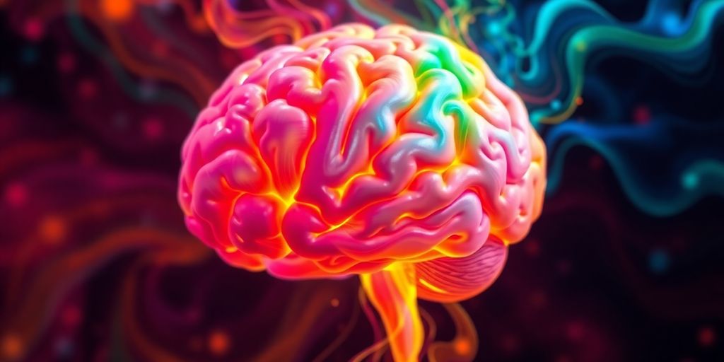 Person brain thinking with abstract colorful swirls.
