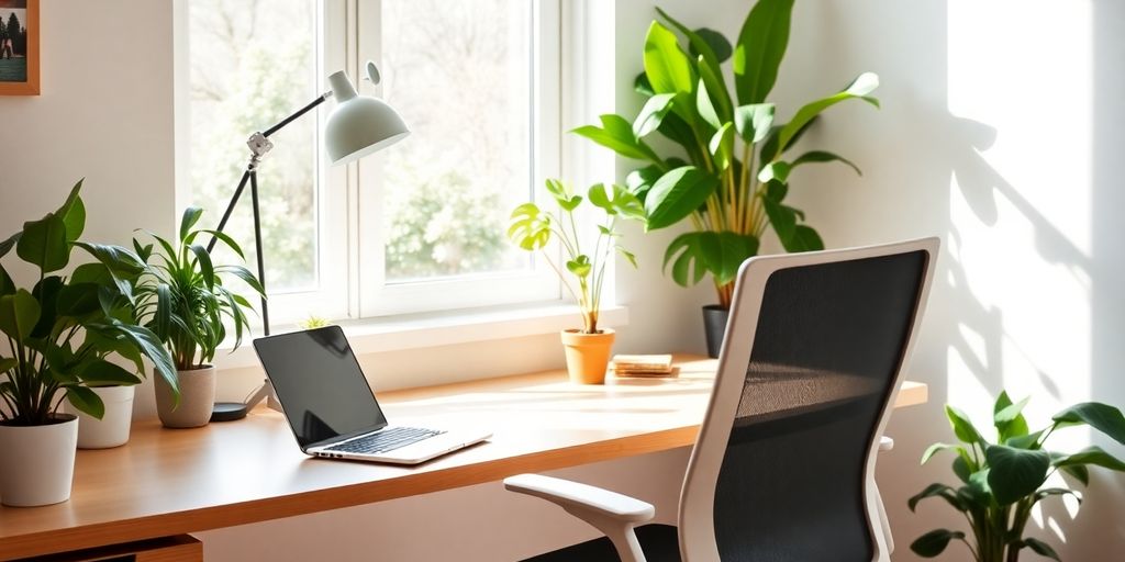 Cozy home office with desk, laptop, and plants.