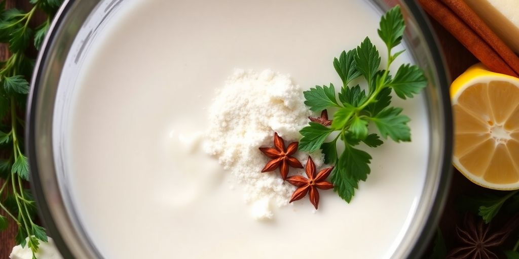 Bowl of creamy lactose-free milk mixture with herbs.