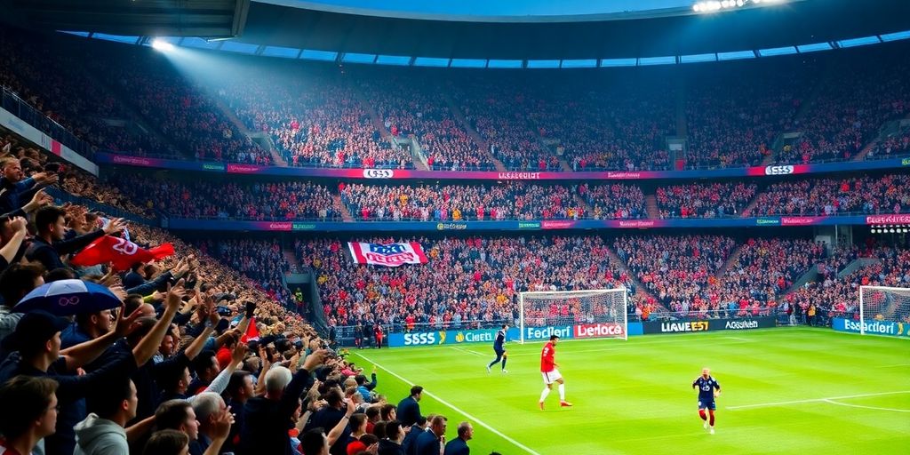 Crowd and players at a Ligue 1 soccer match.