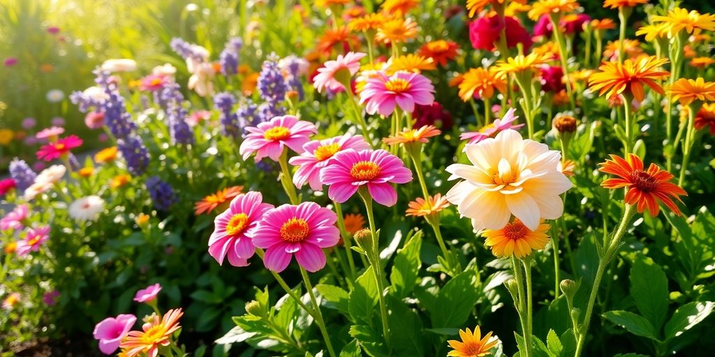 Bunte Blumen und Zierpflanzen im Garten im September.