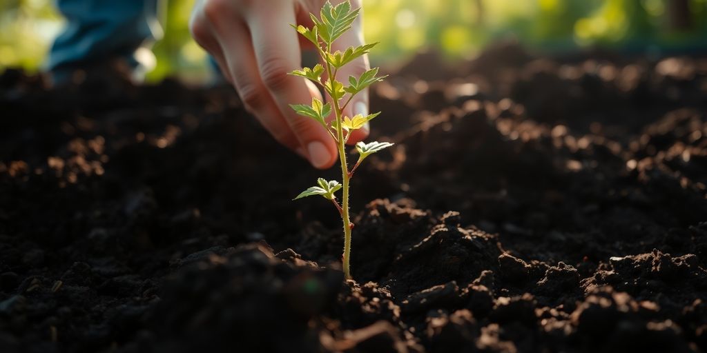 Person planting a sapling in fertile soil.