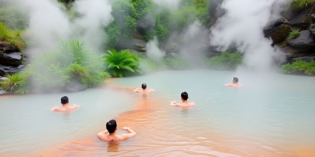 People relaxing in natural hot springs surrounded by lush greenery.