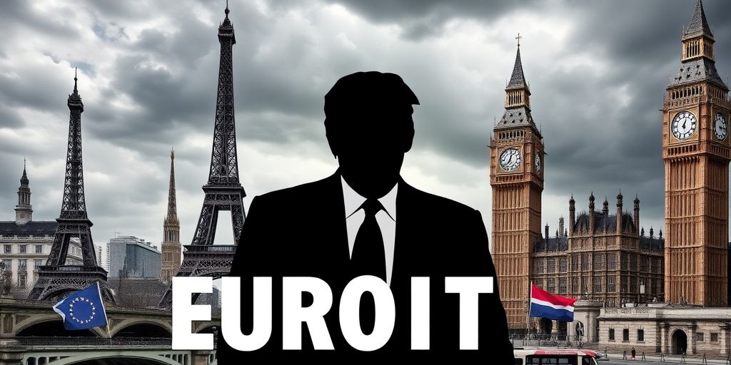 Collage of European landmarks with Trump silhouette.