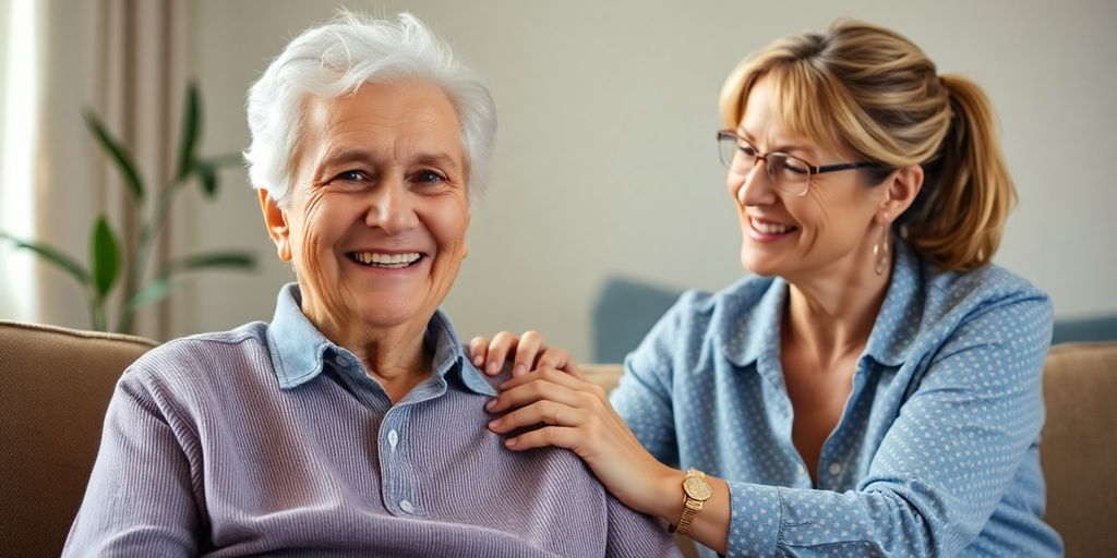 Aged person smiling with a carer