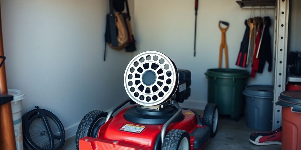 Reel mower neatly stored in a clean garage setting.
